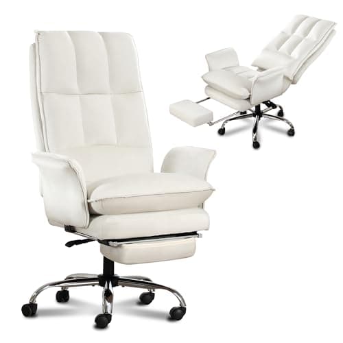 BOSMILLER High Back Office Chair, Velvet Shaking Home Office Chairs with Double Layer Cloud Cushion and Retractable Footrest, Adjustable Backrest Women Office Chair, Makeup Chairs for Bedroom (Beige)