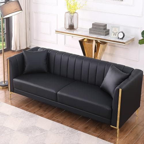 FOTOSOK Black Leather Couch Sofa, Office Couches for Living Room, 78'' Apartment Faux Leather Sofa with 2 Throw Pillows and Gold Metal Legs, Waterproof 3 Seater Couches for Small Living Room