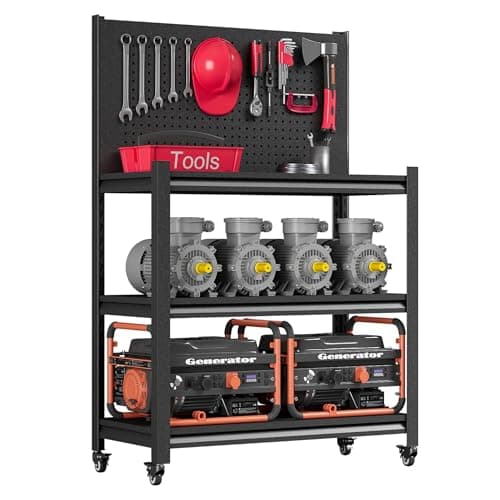 48" H Metal Garage Workbench with Pegboard,3-Tier Roling Tool Work Bench,Adjustable Heavy Duty Work Table on Wheels,Black Mobile Workstation for Garage Warehouse Workshop,Screwless Design