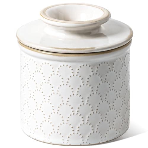 LE TAUCI Butter Crock, Butter Dish with Lid, Butter Container for Counter with Water Line, Embossed French Butter Keeper for Spreadable Butter, Suit For Housewarming - Set of 1, Arctic White,Fireworks