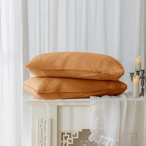 EVERLY 100% Linen Pillowcases Set of 2, Envelope Overlap Closure French Natural Washed Flax Pillowcases 20x36inches-Caramel