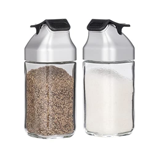 J&M DESIGN Glass Salt and Pepper Shakers Set with Moisture Free Plastic Flip Lid for Kitchen Countertop or Travel Spice Seasoning Use - Set Of 2 Refillable Bottle Dispenser Container Shaker