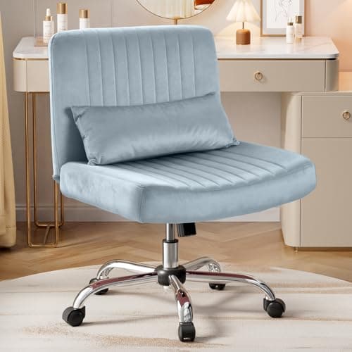 Criss Cross Office Chair with Wheels, Velvet Cross Legged Desk Chair for Bedroom, Armless Computer Chair, Modern Vanity Chair, Festival for Adults, Light Blue