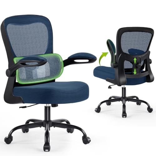 AreShark Ergonomic Office Chair, Comfy Desk Chair with Adjustable Lumbar Support, Mesh Computer Chair with Wheels, Flip-up Armrests, Swivel Rolling Executive Chair for Home Office, Gaming, Navy Blue