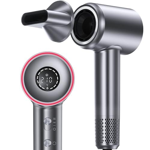 VivaEase Hair Dryer, 1400W Negative Ionic Hair Dryer, Professional High Speed Hairdryer for Fast Drying, 3 Speeds and 5 Temps with HD Display, Low Noise Blow Dryer for Home Salon-Grey