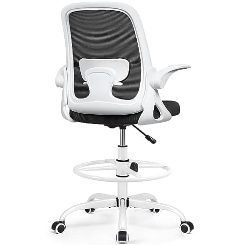 Winrise Drafting Chair Tall Office Chair Ergonomic Desk Chairs with Lumbar Support and Flip-up Armrests, Adjustable Height Comfy Computer Chair with Swivel Task and Adjustable Foot Ring(White)