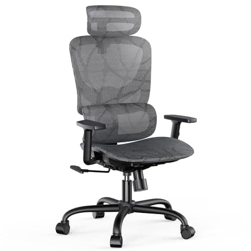 NOBLEWELL Ergonomic Mesh Office Chair with Flexible Adjustment Lumbar Support, High Back Desk Computer Chair with 2D Wide Headrest, Armrests, 130° Rocking Tilt, Home Office Chair for Long Hours, Grey
