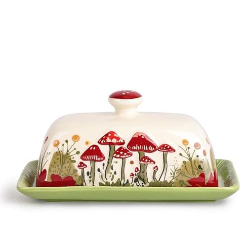 Fungi Fun Mushroom Butter Dish With Lid – Cute Cottagecore Ceramic Storage Container, Vintage French Covered Tray, Boho Farmhouse Kitchen Decor Gift, Unique Countertop Holder (White, Standard)