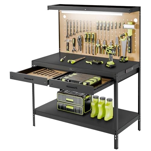 Work Bench, Workbench with Power Outlets and Light, A3 Steel Work Table with Drawers Pegboard, 600LBS Capacity Garage Workbench, Work Benches for Garage Workshop Basement