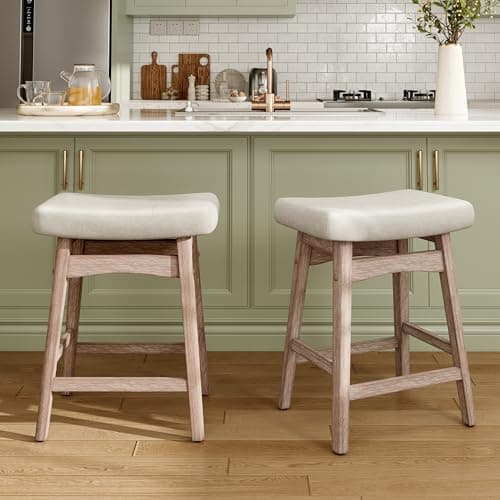 MAISON ARTS Counter Height Bar Stools Set of 2 for Kitchen Counter Solid Wood Legs with Fabric Saddle Seat Farmhouse Barstools for 34"-38" Counter Island Upholstered Stools, 24in, Creamy White