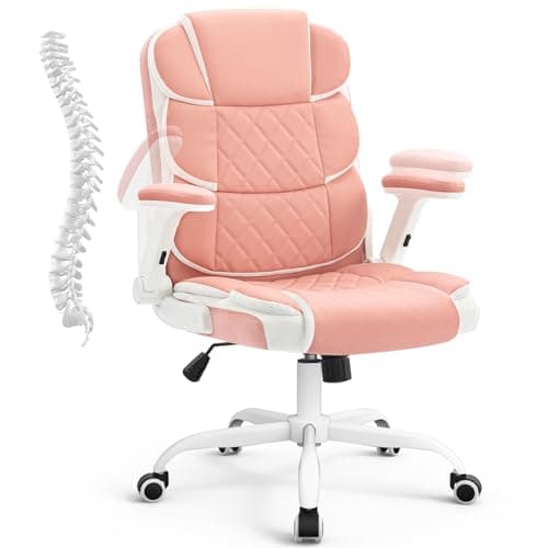 SEATZONE Ergonomic Office Chair Pink PU Leather Desk Chairs Computer Chair with Wheels and Flip-up Arms,Rolling Swivel Task Chair for Women,Girls