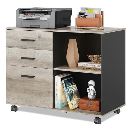 DEVAISE 3 Drawer Mobile File Cabinet, Wood Lateral Filing Cabinet, Printer Stand with Open Shelves for Home Office, Greige