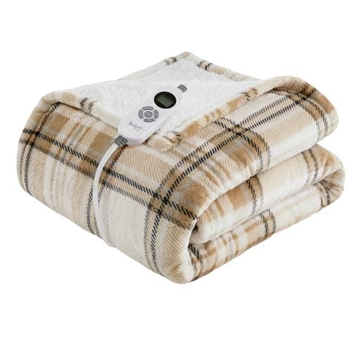 Woolrich Heated Throw Blanket with Ultra Soft Plush and Sherpa Reverse, 12 Heat Settings, Auto Shut-Off, Farmhouse & English Country Gift Throw – Tan Plaid Pattern, 50"x60"