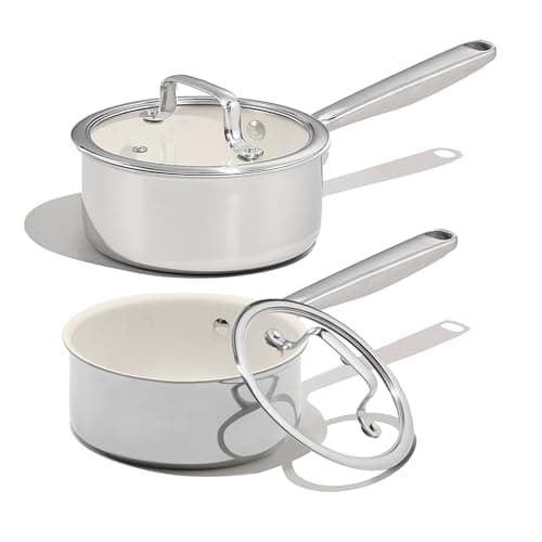 CAROTE 1.5Qt & 3Qt Stainless Steel Saucepan Set, Ceramic Pot Sets Non-Stick Non-Toxic Kitchen Cookware, Small Cooking Pots with Lids, Oven Safe, Induction Sauce Pan, Even Heating