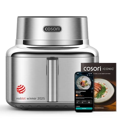 Cosori Iconic Stainless Steel 6.5 Qt Smart Air Fryer, PFAS-Free Ceramic Coating, Max 450°F, Consistent Cooking, Air Fry, Roast, Bake, Dry, Proof, Reheat, Dishwasher-Safe Basket, Chef-Crafted Recipes