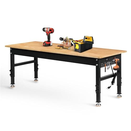 Betterhood 70" Adjustable Height Workbench, 2000 LBS Heavy Duty Work Table with Power Outlets & Pegboard, Rubber Wood Workstation for Garage, Workshop, Office, Home, Commercial