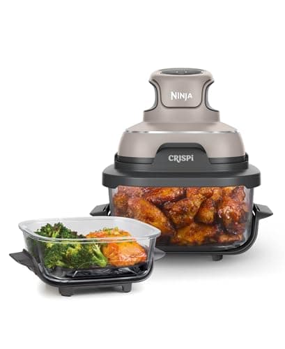 Ninja Crispi Air Fryer, Microwave, Freezer & Dishwasher Safe, Non Toxic Glass Portable Cooking System, 4 QT & 6 Cup Glass Containers with Storage Lids, Easy Meals, Air Fry, Bake, Stone (Renewed)