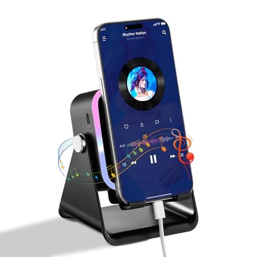 Wireless Induction Speaker 5-in-1 Bluetooth Speaker with Phone Holder, Surround Sound, 3500mAh, 8 RGB Ambient Lights, 360° Adjustable Stand, Holder for iPhone/Android/iPad Gifts for Men Women (Black)