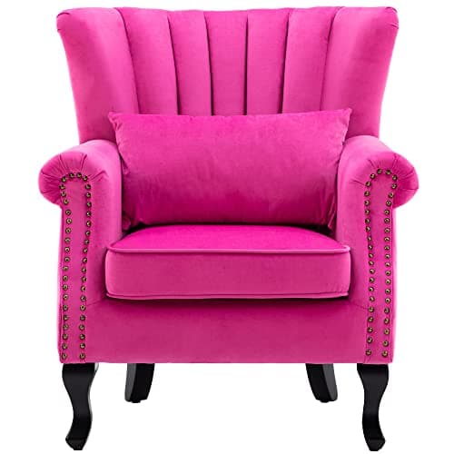 DM Furniture Mid Century Accent Chair Modern Tufted Wingback Armchair Club Chair Velvet Fabric Single Sofa Lounge Chair with Pillow for Living Room Bedroom, Rose Pink