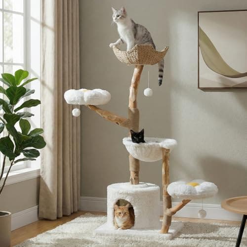 MUTTROS 59" Modern Cat Tree Tower for Large Cats w/2 Flower Perches-Natural Solid Wood Scratching Post with Real Branch-Luxury Boho Cat Furniture w/Condo & Wicker Basket Bed, Cloud White