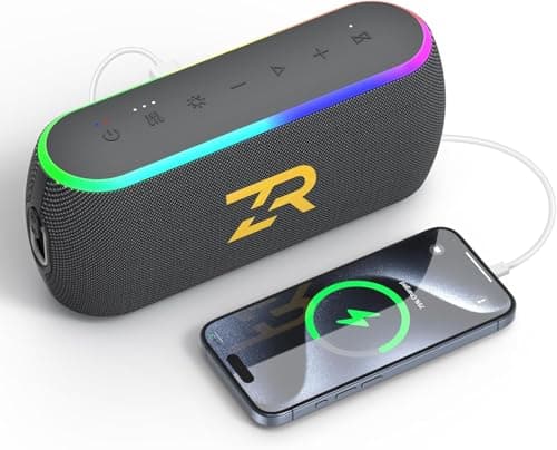 ZICOROOP Bluetooth Speaker, Portable Wireless Speakers with Hooks, 40W Deep Bass EQ, IPX6 Waterproof, Bluetooth 5.3 TWS, RGB Lights, 15H Playtime, Built-in Battery for Outdoor Camping Beach (Black)