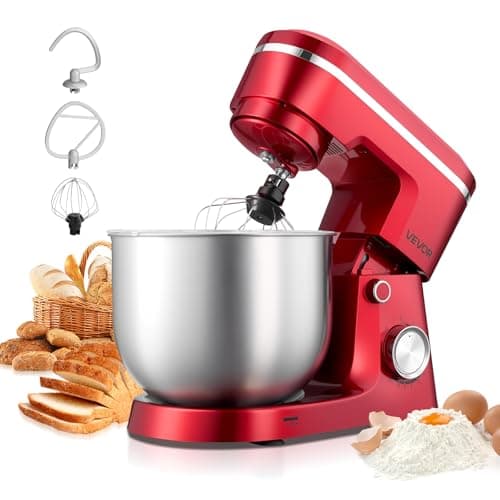 VEVOR Stand Mixer, 6 QT Electric Kitchen Mixer, 300W Dough-Mixer, 10 Speeds Tilt-head Food-Mixer with Stainless Steel Bowl, Dough Hook, Whisk, Beater, for Baking, Mixing, Whipping & Kneading, Red