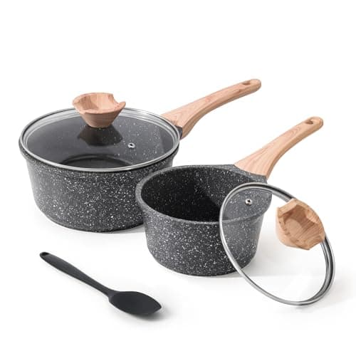 Kordisen Sauce Pan Set with Lid, 1.5QT & 2.5QT Non Stick Small Pots with Granite Coating, Saucepan with Pour Spout, Multipurpose Induction Cooking Pans, PFOA/PFOS Free
