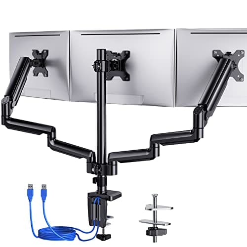ErGear Triple Monitor Mount for 13-27 inch Screens, Triple Monitor Arms with USB, Heavy Duty Three Monitors Stand with Tilt, Swivel, Rotation, Holds Up to 17.6 lbs Each Arm