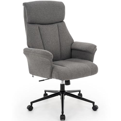 422 Linen Fabric Home Office Chair,Height Adjustable Chair with Swivel Wheels and Padded Armrests,Stylish High Back Chair with Ergonomic Design for Office,Study Room,Living Room,Makeup(Light Grey)