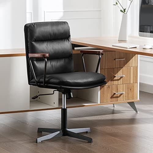 Okeysen Office Desk Chair No Wheels, Ergonomic Swivel Chair with Retro Wooden Armrests, Comfy Computer Chair for Home Office, Mid Century Modern Adjustable Task Chair with Thick Cushion