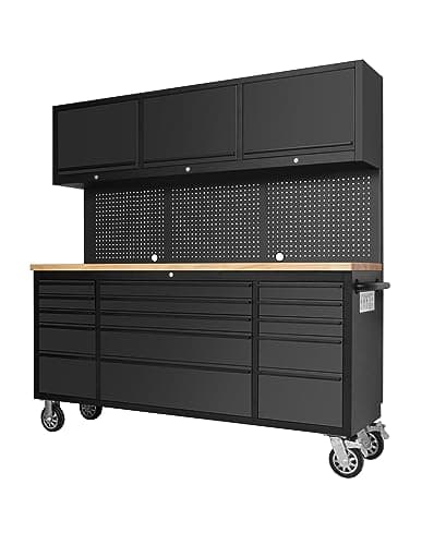 CT Copper Tailor 72-inch Tool Chest Cabinet Rolling Garage Workbench with 15 Storage Drawers and Wheels, 3 Upper Cabinet, Pegboard, Steel Large Tool Box,Matte Black