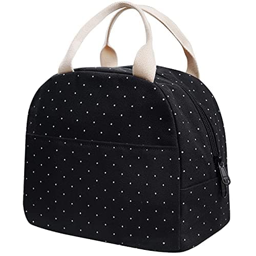 EurCross Upgraded Compact Black Lunch Bag for Girls Women,Canvas Reusable Insulated Polka Dot Lunch Tote Box Bag for Work School