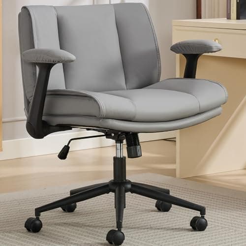 Criss Cross Chair with Flip-Up Armrests Leather, Cross Legged Office Chair on Wheels, Comfy Swivel Chair with Wide Seat for Home Office, Vanity, Accent, Ergonomic Desk Chair Adjustable, Grey
