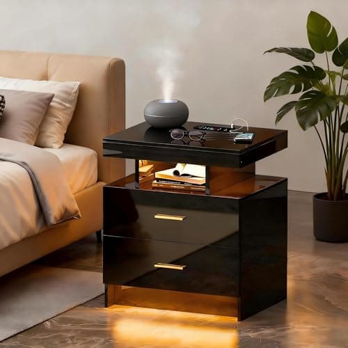 Lvifur Nightstand with Wireless Charging Station - Modern Night Stand with RGB Lights, Glossy Bedside Table with Drawers for Bedroom, End Table with Human Body Induction (Black)