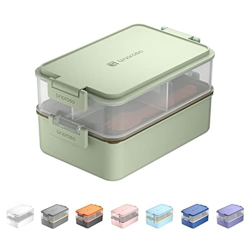 linoroso Stackable Bento Box Adult Lunch Box | Meet All You On-the-Go Needs for Food, Salad, and Snack Box, Premium Bento Lunch Box for Adults Include Utensil Set, Dressing Containers - Pale Mint