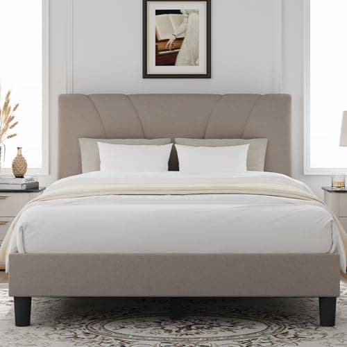 Novilla King Size Bed Frame with Adjustable Headboard Platform King Bed Frame Linen Fabric Upholstered Headboard, No Box Spring Needed, Noise-Free, Wooden Slats Support, Easy Assembly, Beige