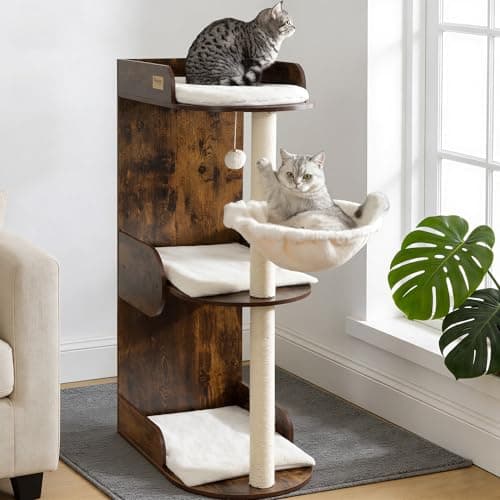 Feliskyn Modern Wood Cat Tree Tower for Indoor Large Cats, Cat Scratching Posts with Big Perch Bed, 44.8" Tall Multi-Level Wooden Cat Condo with Hammock, Removable Pads, Kitty Furniture, Rustic Brown