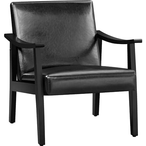 Yaheetech PU Leather Accent Chair, Mid-Century Modern Armchair with Solid Wood Legs, Reading Leisure Chair with High Back for Living Room Bedroom Waiting Room, Black