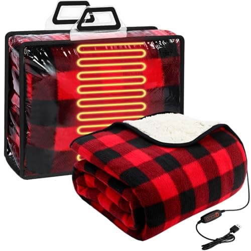 Glooglitter USB Heated Blanket 50"x60" Large Heating Throw Electric 5v Powered with Timer Function and Temperature Controller for Car Winter Travel Home Office Camping(Red Black,Checkerboard)