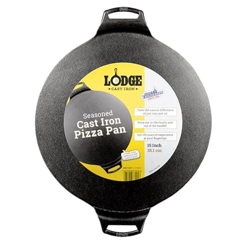 Lodge Seasoned Cast Iron Pizza Pan - Pre-Seasoned, Round Pizza Pan with Dual Assist Handles - Even Heat Distribution- PFAS-Free, Non-Toxic Cookware - Oven Safe - 15 Inch