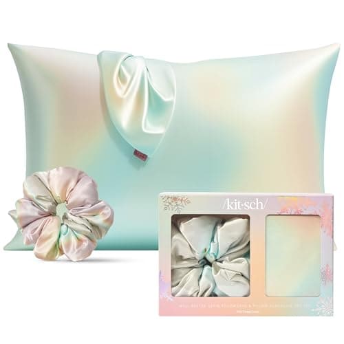 Kitsch Satin Pillowcase with Zipper for Hair & Skin - Softer Than Silk, Machine Washable, Wrinkle-Free - Queen/Standard (19x26) with Satin Scrunchie No-Damage Silk Hair Tie - Aura