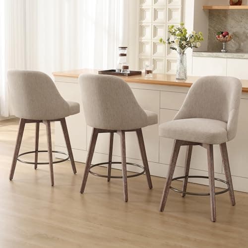 RêveLife Counter Height Swivel Bar Stools Set of 3, Upholstered Fabric Barstools with Back and Thick Seat, Solid Wood Legs, 26" Modern Bar Chair Counter Stool for Kitchen Island Home Bar, Sand