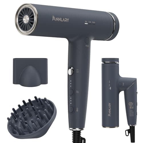 Annlary Hair Dryer, Blow Dryer with Diffuser for Curly Hair | Plasma Ionic Hairdryer for Frizz Control | Low Noise | Foldable for Travel | 6.5Ft ALCI Cord | Magnetic Nozzle for Faster Drying