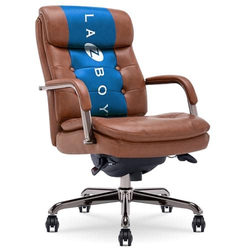 La-Z-Boy Sonata Executive Mid-Back Office Chair, Button-Tufted Seat and Back, Double-Layer Cushion, Padded Armrests, Ergonomic Computer DeskChair, Swivel Metal Base, Bonded Leather, Cognac/Graphite