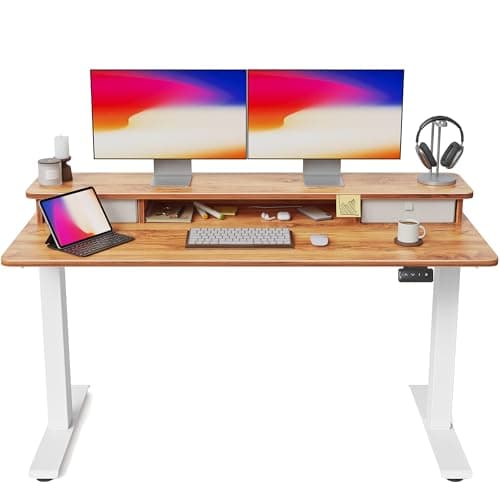 FEZIBO 55'' x 24'' Height Adjustable Electric Standing Desk with Double Drawer, Home Office Stand Up Table with 4 Height-Adjustable Feets & 2 Hooks, Light Rustic