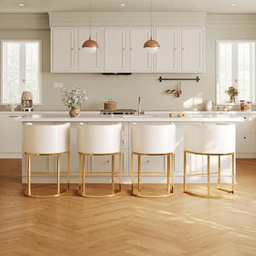 Lasigeli Modern Counter Height Bar Stools,Bar Stools Set of 4,Fabric Linen Upholstered Barrel Barstools with Backs,26'' Kitchen Island Chairs,Metal Gold Frames,Beige White Linen