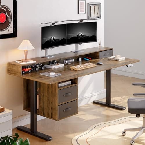 ONBRILL Standing Desk with Drawers, 63x24 Inch Electric Stand Up Desk with 3 Drawers and Open Storage Shelf, Adjustable Height 28-46 Inches for Home and Computer Workstation, Walnut