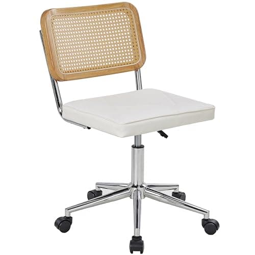 VECELO PU Leather Home Office Chair, Height Adjustable 360°Rolling Swivel Armless Vanity Chair with Wheels, Rattan Back Desk Chair for Bedroom/Small Spaces/Make-up/Dressing Room, White