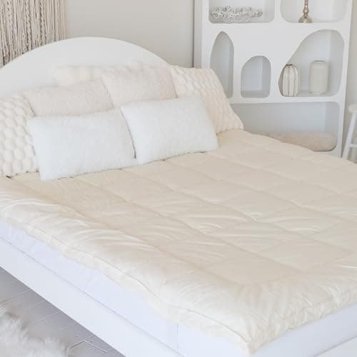 Purevana 100% Merino Wool Mattress Topper for Back Pain Relief Natural Handmade Merino Wool Pad 1 Inch Thick Cooling Breathable with 2 Elastic Straps, Ivory Queen 60x80 Inches