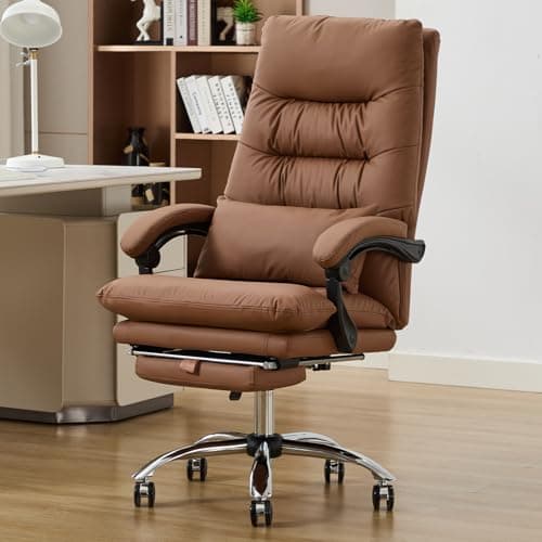 Seanail Office Chair with Foot Rest - High Back 155° Reclining, Leather Executive Swivel Computer Desk Chair with Wheels (Brown)